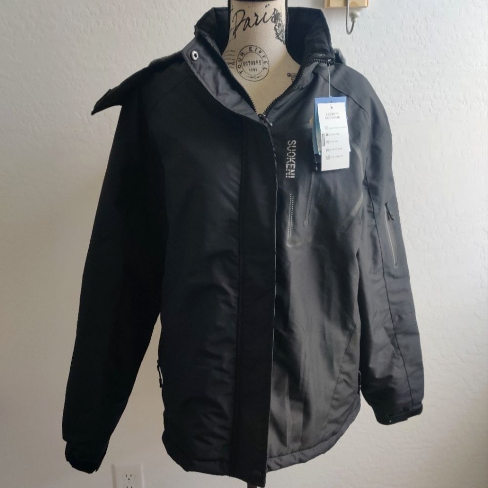 NWT Suokeni Black Ski Snowboarding Heavy Puffer Winter hooded Jacket coat_XXL